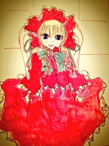 Rating: Safe Score: 0 Tags: 1girl blonde_hair blue_eyes bonnet bow bowtie dress frills image long_hair long_sleeves looking_at_viewer photo red_dress rose shinku solo User: admin