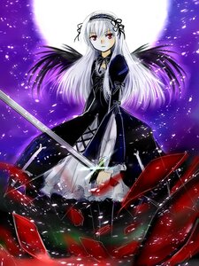 Rating: Safe Score: 0 Tags: 1girl auto_tagged black_dress black_wings dress flower frills hairband holding image lolita_hairband long_hair long_sleeves looking_at_viewer moon red_eyes ribbon silver_hair solo suigintou sword weapon wings User: admin