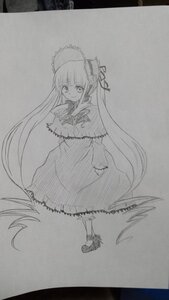 Rating: Safe Score: 0 Tags: 1girl dress full_body greyscale image long_hair long_sleeves looking_at_viewer monochrome photo shinku shoes smile solo standing traditional_media twintails very_long_hair User: admin