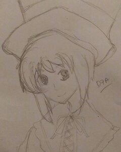 Rating: Safe Score: 0 Tags: 1girl closed_mouth graphite_(medium) hat image looking_at_viewer monochrome neck_ribbon photo ribbon short_hair sketch smile solo souseiseki traditional_media User: admin