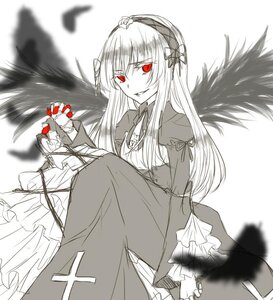 Rating: Safe Score: 0 Tags: 1girl black_wings dress feathered_wings feathers frilled_sleeves frills hairband image long_hair long_sleeves looking_at_viewer monochrome red_eyes simple_background smile solo suigintou white_background wings User: admin