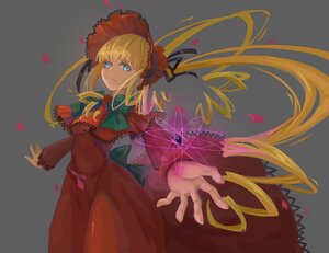 Rating: Safe Score: 0 Tags: 1girl bangs blonde_hair blue_eyes bonnet bow bowtie capelet dress flower grey_background image long_hair long_sleeves petals red_dress rose rose_petals shinku simple_background solo twintails very_long_hair User: admin
