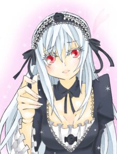 Rating: Safe Score: 0 Tags: 1girl black_ribbon breasts detached_collar dress flower frills hairband image long_hair long_sleeves looking_at_viewer pink_background red_eyes ribbon rose silver_hair solo sparkle suigintou upper_body User: admin