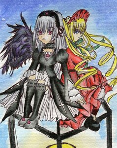 Rating: Safe Score: 0 Tags: 2girls back-to-back black_wings blonde_hair boots dress frills full_body hat image knee_boots long_hair long_sleeves looking_at_viewer multiple_girls pair pink_eyes red_dress shinku silver_hair sitting suigintou traditional_media wings User: admin