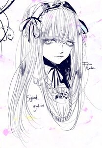 Rating: Safe Score: 0 Tags: 1girl bangs hairband image long_hair looking_at_viewer monochrome ribbon smile solo suigintou User: admin