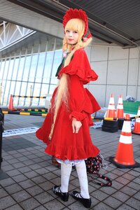 Rating: Safe Score: 0 Tags: 1girl blonde_hair blue_eyes bonnet dress fence looking_at_viewer open_mouth pantyhose red_dress shinku shoes smile solo standing tile_floor tiles white_legwear User: admin