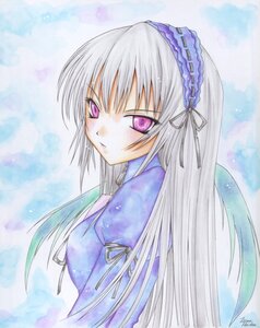 Rating: Safe Score: 0 Tags: 1girl black_ribbon dress frilled_sleeves frills hairband image juliet_sleeves long_hair long_sleeves looking_at_viewer pink_eyes puffy_sleeves ribbon signature silver_hair solo suigintou upper_body wings User: admin