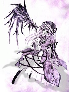 Rating: Safe Score: 0 Tags: 1girl blush boots dress frills full_body hairband image long_hair long_sleeves looking_at_viewer monochrome purple_theme solo suigintou traditional_media User: admin