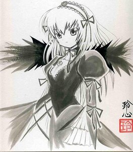 Rating: Safe Score: 0 Tags: 1girl detached_collar dress frills greyscale hairband image long_hair long_sleeves looking_at_viewer monochrome puffy_sleeves solo standing suigintou traditional_media wings User: admin