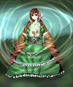 Rating: Safe Score: 0 Tags: 1girl artist_name brown_hair corset dress drill_hair frills green_dress green_eyes heterochromia image long_hair long_sleeves looking_at_viewer red_eyes solo suiseiseki twin_drills twintails very_long_hair wide_sleeves User: admin