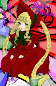 Rating: Safe Score: 0 Tags: 1girl blonde_hair blue_eyes blush bonnet bow bowtie capelet dress green_bow image long_hair long_sleeves looking_at_viewer red_dress shinku sidelocks sitting solo twintails very_long_hair User: admin