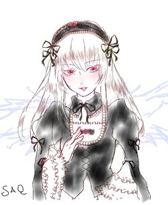 Rating: Safe Score: 0 Tags: 1girl black_dress black_ribbon blush dress eyebrows_visible_through_hair hairband image juliet_sleeves long_hair long_sleeves looking_at_viewer pink_eyes puffy_sleeves red_eyes ribbon silver_hair solo suigintou upper_body white_background wings User: admin