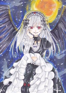 Rating: Safe Score: 0 Tags: 1girl black_dress black_wings dress feathers flower frills hairband image long_hair long_sleeves looking_at_viewer moon red_eyes rose silver_hair smile solo suigintou traditional_media wings User: admin