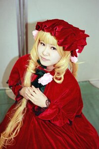 Rating: Safe Score: 0 Tags: 1girl bangs blonde_hair bonnet dress drill_hair flower hands_together lace lips long_hair long_sleeves looking_at_viewer own_hands_together photo realistic red_dress rose shinku solo User: admin