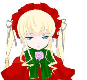 Rating: Safe Score: 0 Tags: 1girl blonde_hair blue_eyes bonnet bow bowtie flower green_bow image long_hair looking_at_viewer pink_rose rose shinku sidelocks simple_background solo white_background User: admin