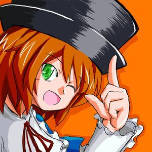 Rating: Safe Score: 0 Tags: 1girl ;d green_eyes hat image index_finger_raised long_sleeves one_eye_closed open_mouth orange_background orange_hair pointing short_hair simple_background smile solo souseiseki upper_body User: admin