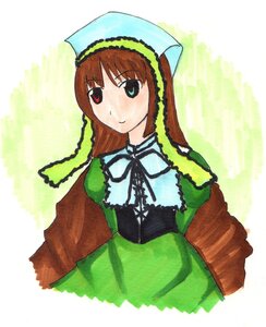 Rating: Safe Score: 0 Tags: 1girl black_ribbon brown_hair dress green_dress green_eyes hat head_scarf heterochromia image long_hair long_sleeves looking_at_viewer red_eyes ribbon simple_background smile solo suiseiseki upper_body User: admin