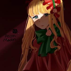 Rating: Safe Score: 0 Tags: 1girl bangs blonde_hair blue_eyes bonnet bow bowtie dress expressionless flower green_bow green_neckwear image long_hair looking_at_viewer red_capelet rose shinku simple_background solo upper_body User: admin
