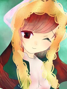 Rating: Safe Score: 0 Tags: 1girl ;) bangs blonde_hair braid closed_mouth green_background hood hood_up image long_hair looking_at_viewer one_eye_closed red_eyes smile solo suiseiseki twin_braids upper_body User: admin