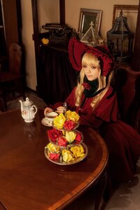 Rating: Safe Score: 0 Tags: blonde_hair bonnet dress flower food indoors rose shinku sitting solo table teacup User: admin