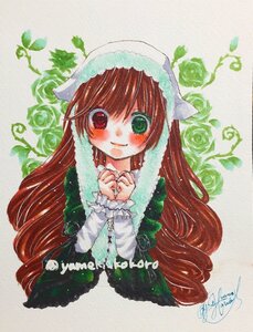 Rating: Safe Score: 0 Tags: 1girl artist_name bangs blush brown_hair dress flower frills green_dress green_eyes hat head_scarf heterochromia image long_hair long_sleeves looking_at_viewer red_eyes rose signature smile solo striped striped_background suiseiseki traditional_media vertical_stripes very_long_hair watercolor_(medium) User: admin