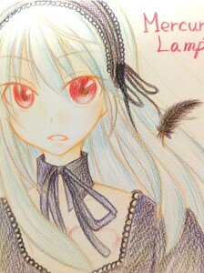 Rating: Safe Score: 0 Tags: 1girl bangs hairband image long_hair looking_at_viewer red_eyes ribbon simple_background solo suigintou traditional_media white_background User: admin