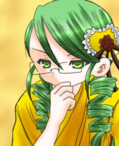 Rating: Safe Score: 0 Tags: 1girl drill_hair flower glasses green_eyes green_hair image kanaria long_sleeves rose simple_background solo twin_drills upper_body yellow_background User: admin