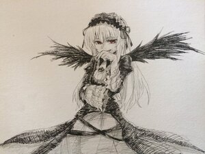 Rating: Safe Score: 0 Tags: 1girl dress frills hairband hand_to_own_mouth image long_hair long_sleeves looking_at_viewer monochrome red_eyes rose solo suigintou wings User: admin