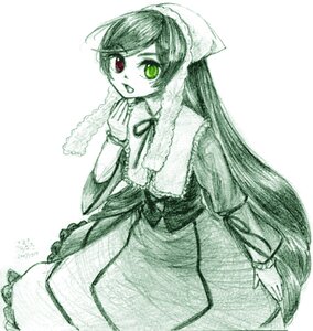 Rating: Safe Score: 0 Tags: 1girl dress frills green_eyes head_scarf heterochromia image long_hair long_sleeves looking_at_viewer monochrome open_mouth red_eyes simple_background smile solo spot_color suiseiseki very_long_hair User: admin