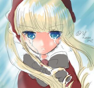 Rating: Safe Score: 0 Tags: 1girl bangs blonde_hair blue_eyes blush bow crying crying_with_eyes_open cup dress image long_hair long_sleeves rose sad shinku solo teacup tears twintails User: admin