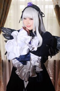 Rating: Safe Score: 0 Tags: 1girl closed_mouth curtains dress frills hairband lips long_hair long_sleeves looking_at_viewer realistic silver_hair solo suigintou window User: admin