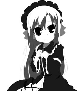 Rating: Safe Score: 0 Tags: 1girl blush bow dress frills greyscale image long_hair long_sleeves looking_at_viewer monochrome simple_background solo striped suigintou white_background User: admin