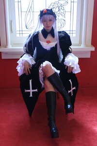 Rating: Safe Score: 0 Tags: 1girl black_footwear blue_eyes boots dress hat knee_boots long_hair long_sleeves silver_hair sitting solo suigintou window User: admin