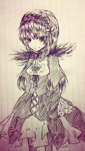 Rating: Safe Score: 0 Tags: 1girl dress eyebrows_visible_through_hair gothic_lolita hairband image lolita_fashion long_hair long_sleeves looking_at_viewer monochrome simple_background sketch smile solo standing suigintou traditional_media User: admin