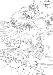 Rating: Safe Score: 0 Tags: 2girls bonnet bow closed_eyes dress flower greyscale image lineart long_hair long_sleeves monochrome multiple_girls pair rose shinku suigintou User: admin