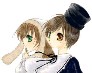 Rating: Safe Score: 0 Tags: 2girls black_ribbon brown_hair dress green_eyes hat head_scarf heterochromia image long_sleeves looking_at_viewer multiple_girls pair ribbon short_hair siblings simple_background sisters souseiseki striped_background suiseiseki top_hat twins vertical_stripes white_background User: admin