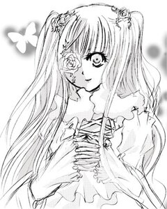 Rating: Safe Score: 0 Tags: 1girl blue_butterfly bug butterfly dress flower frills greyscale hair_ornament image insect kirakishou long_hair monochrome rose solo twintails User: admin