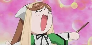 Rating: Safe Score: 0 Tags: 1girl :d apron blonde_hair closed_eyes image long_hair neck_ribbon open_mouth parody ribbon smile solo suiseiseki User: admin