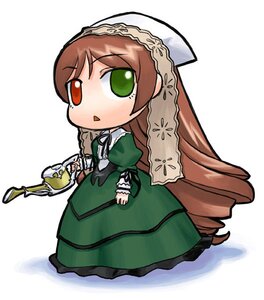 Rating: Safe Score: 0 Tags: 1girl brown_hair chibi dress drill_hair frills full_body green_dress green_eyes heterochromia image long_hair long_sleeves puffy_sleeves red_eyes simple_background solo standing suiseiseki twin_drills very_long_hair watering_can white_background User: admin