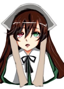 Rating: Safe Score: 0 Tags: 1girl bangs black_ribbon brown_hair eyebrows_visible_through_hair green_eyes hat head_scarf heterochromia image long_hair looking_at_viewer neck_ribbon open_mouth ribbon simple_background solo suiseiseki white_background User: admin