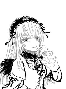 Rating: Safe Score: 0 Tags: 1girl bangs dress eyebrows_visible_through_hair frills greyscale hairband image long_hair long_sleeves looking_at_viewer monochrome ribbon simple_background smile solo suigintou upper_body white_background User: admin