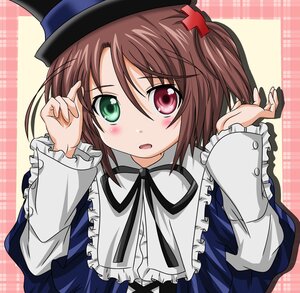Rating: Safe Score: 3 Tags: 1girl blue_dress blush brown_hair commentary_request dress frills green_eyes hair_ornament hat heterochromia image long_sleeves looking_at_viewer open_mouth plaid_background red_eyes ribbon rozen_maiden short_hair side_ponytail solo souseiseki striped_background takumi_(rozen_garten) twintails upper_body User: admin