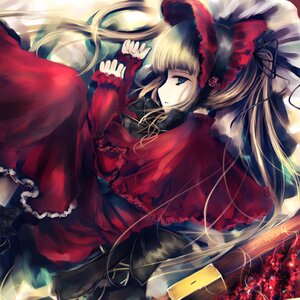 Rating: Safe Score: 0 Tags: 1girl blonde_hair blue_eyes bow capelet dress flower image long_hair long_sleeves lying on_side ribbon shinku solo User: admin