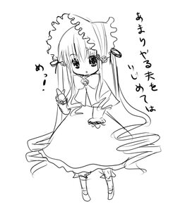 Rating: Safe Score: 0 Tags: 1girl blush bonnet dress full_body greyscale image long_hair long_sleeves looking_at_viewer monochrome shinku simple_background solo standing very_long_hair white_background User: admin