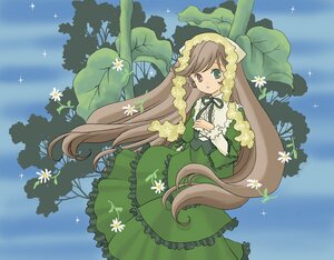 Rating: Safe Score: 0 Tags: 1girl brown_hair cloud dress flower frills green_dress green_eyes heterochromia image long_hair long_sleeves red_eyes ribbon sky solo sparkle suiseiseki tree very_long_hair User: admin