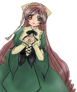 Rating: Safe Score: 0 Tags: 1girl blush brown_hair dress drill_hair frills green_dress green_eyes hat heterochromia image long_hair long_sleeves looking_at_viewer red_eyes simple_background solo suiseiseki twin_drills very_long_hair white_background User: admin