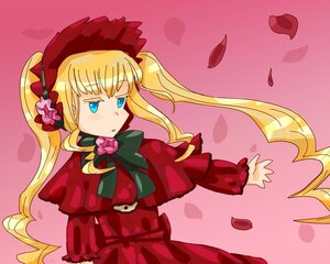 Rating: Safe Score: 0 Tags: 1girl bangs blonde_hair blue_eyes bonnet bow bowtie capelet dress flower green_bow image long_hair long_sleeves petals pink_background red_capelet red_dress shinku sidelocks solo twintails very_long_hair User: admin