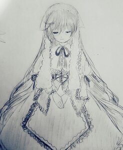 Rating: Safe Score: 0 Tags: 1girl blue_ribbon closed_eyes dress frills image long_hair monochrome neck_ribbon ribbon simple_background solo suiseiseki traditional_media very_long_hair white_dress User: admin