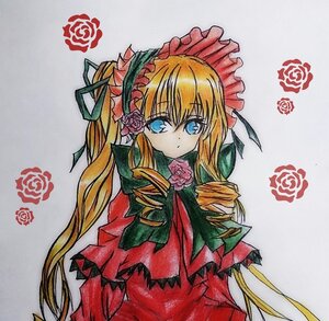 Rating: Safe Score: 0 Tags: 1girl blonde_hair blue_eyes bonnet bow bowtie capelet dress drill_hair flower green_bow green_neckwear image long_hair looking_at_viewer marker_(medium) millipen_(medium) pink_flower pink_rose red_capelet red_flower red_rose rose shikishi shinku simple_background solo traditional_media twin_drills twintails User: admin