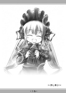 Rating: Safe Score: 0 Tags: 1girl :d blush bonnet closed_eyes dress greyscale image long_hair long_sleeves monochrome open_mouth shinku simple_background smile solo striped User: admin